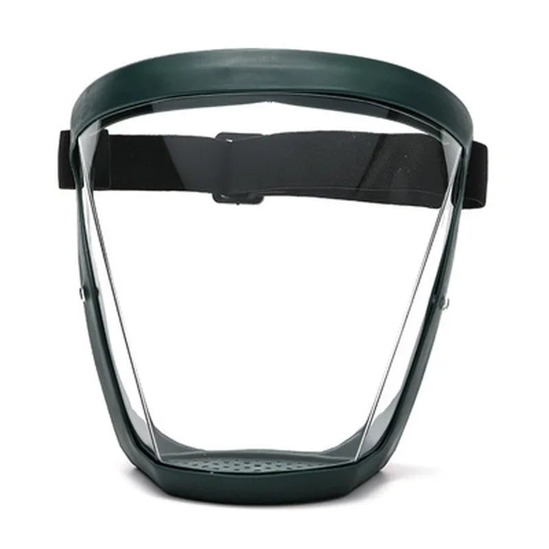 A pair of dark green full face anti-splash protective goggles with a black strap and clear lens.
