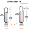 Stainless steel flat pill box container shown with dimensions for small and large sizes