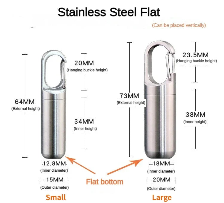 Stainless steel flat pill box container shown with dimensions for small and large sizes