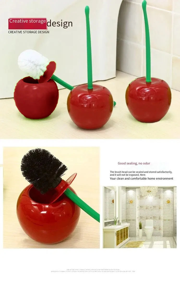 A red decorative cherry-shaped toilet brush set with a green handle and bristles.