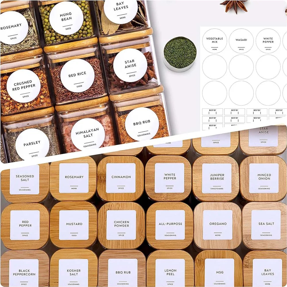 A collection of 20 glass spice jars with bamboo lids featuring various ground spices like red pepper, turmeric, and herbs.