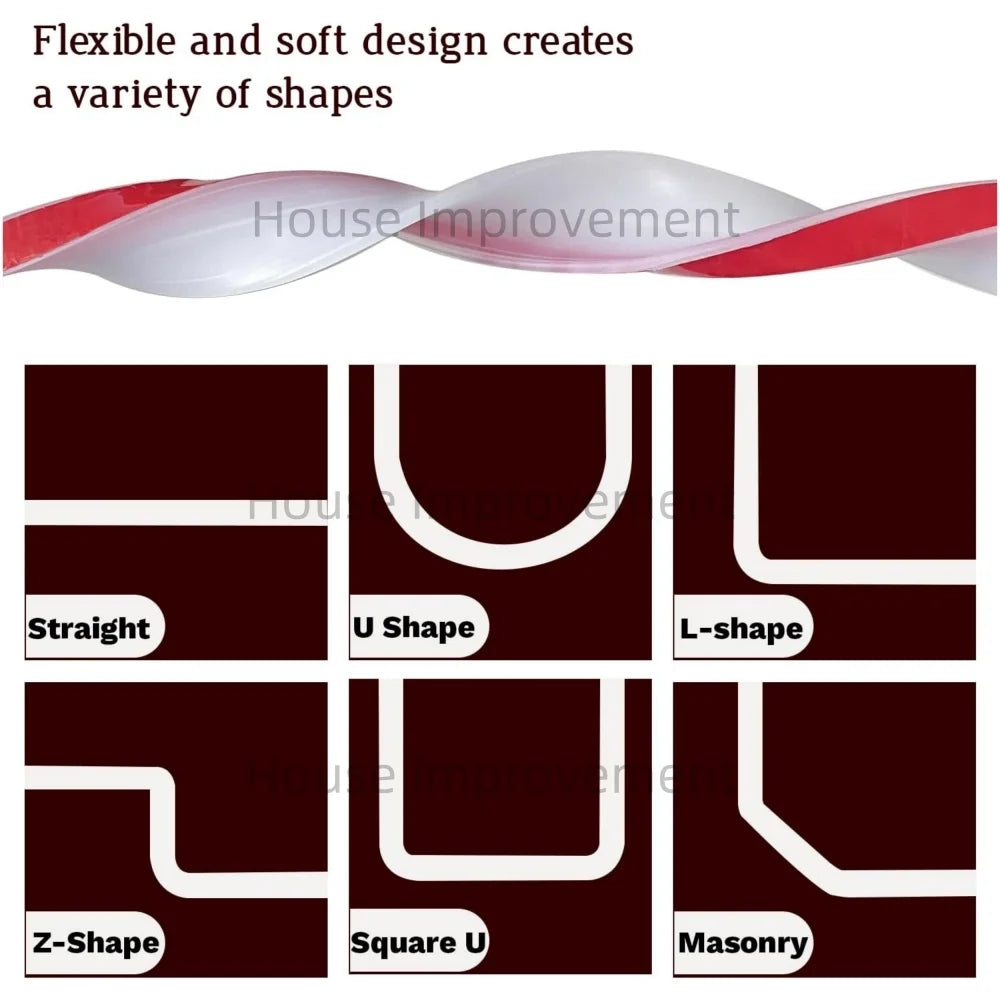 Flexible silicone shower threshold water barrier strip demonstrating various shapes like straight, U-shape, L-shape, Z-shape,