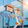 A white robotic tool is cleaning a window with water, demonstrating extended two-way joints and no dead-end cleaning.