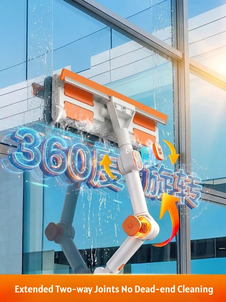 A white robotic tool is cleaning a window with water, demonstrating extended two-way joints and no dead-end cleaning.