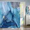 Blue and gold marble abstract fluid texture shower curtain featuring deep blue and teal tones.