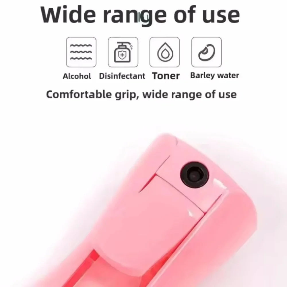 Pink refillable mist spray bottle with a comfortable grip and various usage options listed.