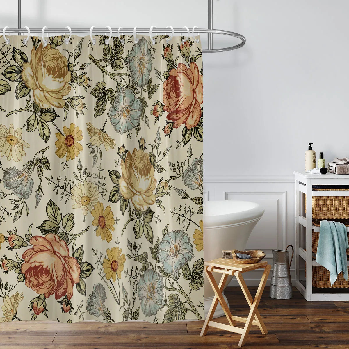 A floral print shower curtain featuring roses and greenery hanging on a metal rod.