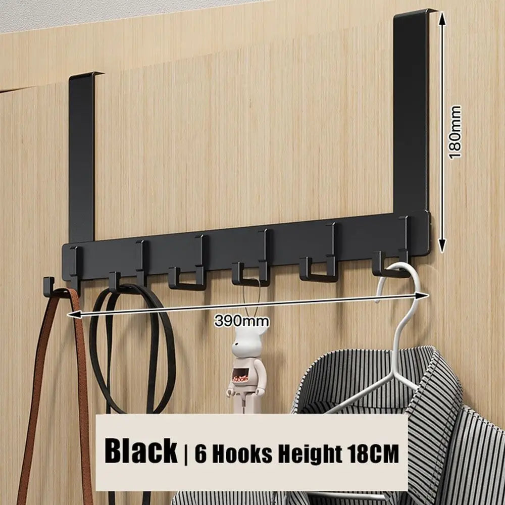 Black heavy-duty adhesive door hooks with 6 hooks and a height of 180mm mounted on a wooden surface.