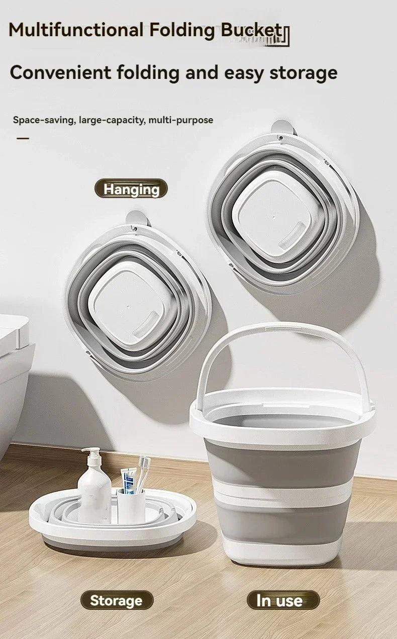 A white folding bucket is shown in various forms, including hanging and in use on a wooden floor.