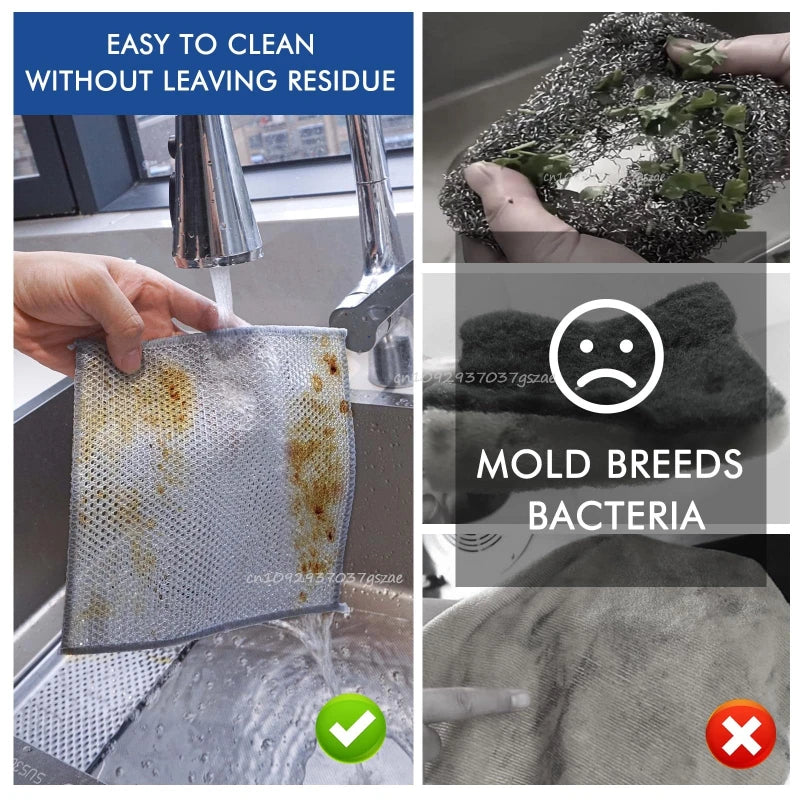 Silver microfiber cleaning pads being rinsed in a kitchen sink, demonstrating easy cleaning without residue.