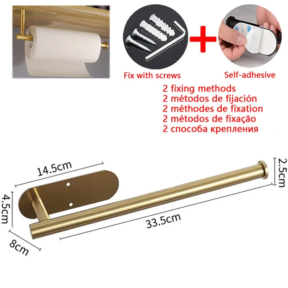 Stainless steel paper towel holder with a roll of paper towel and self-adhesive grip options