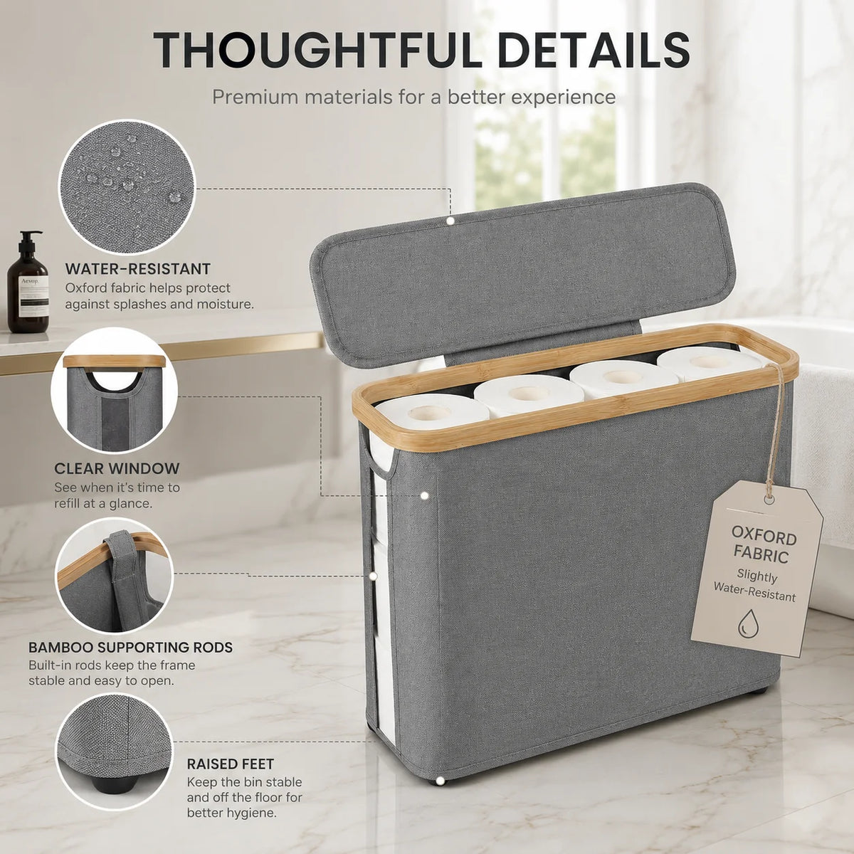 A gray foldable storage basket with a lid is shown next to details about its features like water resistance and bamboo suppor