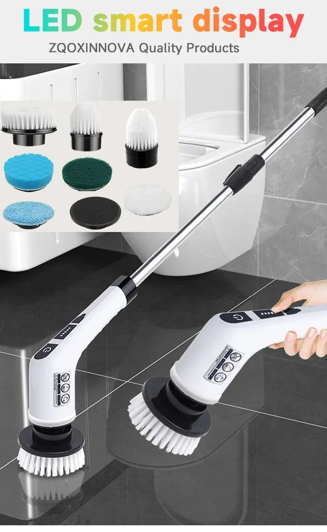Escurridor eléctrico inteligente LED blanco con varios accesorios de cepillo limpiando un suelo.