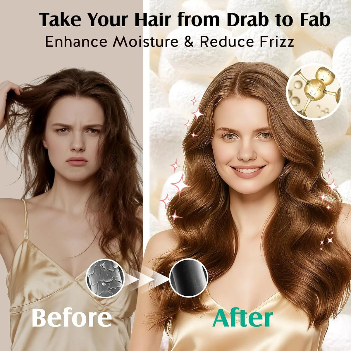 Before and after comparison showing hair transformation with a Mulberry Silk Sleep Cap