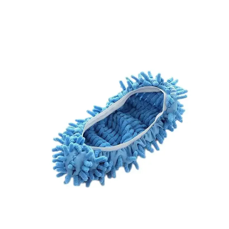 A pair of blue, fuzzy dust-absorbing slippers designed for floor cleaning.