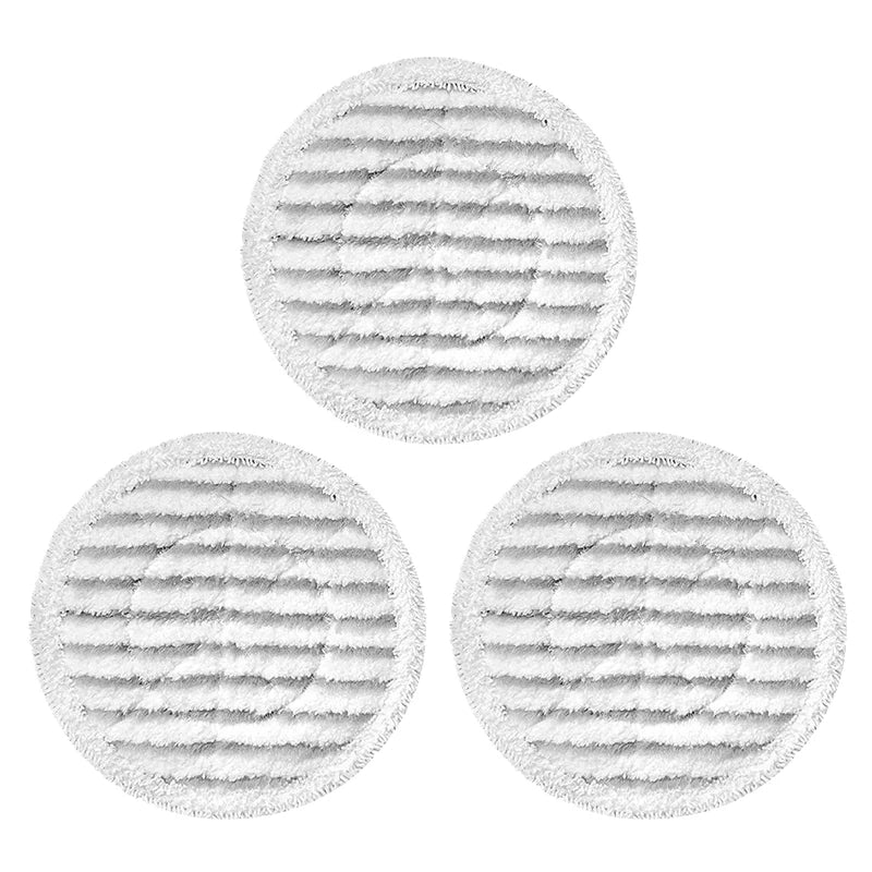 Three circular pads of white microfiber replacement mop cloth for shark vacuum cleaners