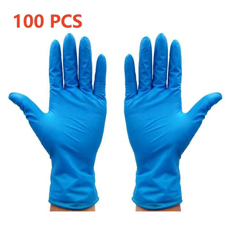 A pair of bright blue disposable nitrile cleaning gloves shown against a white background.