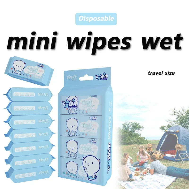 A pack of disposable mini wet wipes in a blue container with multiple wipes visible.