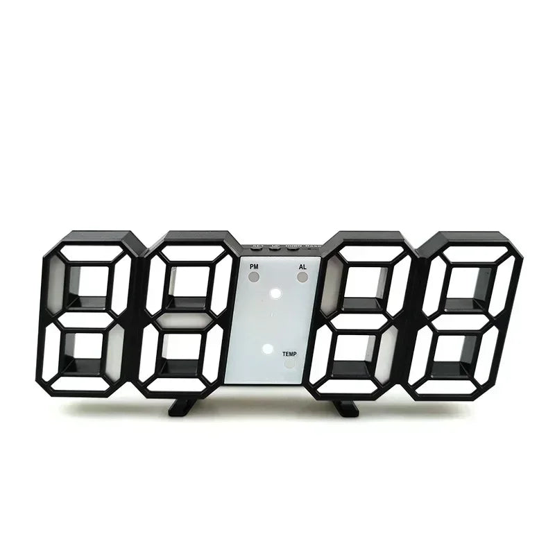 A black 3D LED digital alarm clock with multiple display panels and a central control panel.