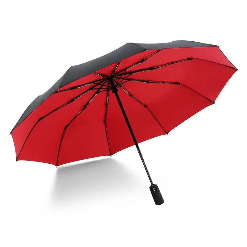 A bright red and black fully automatic double-layer outdoor umbrella open against a white background.