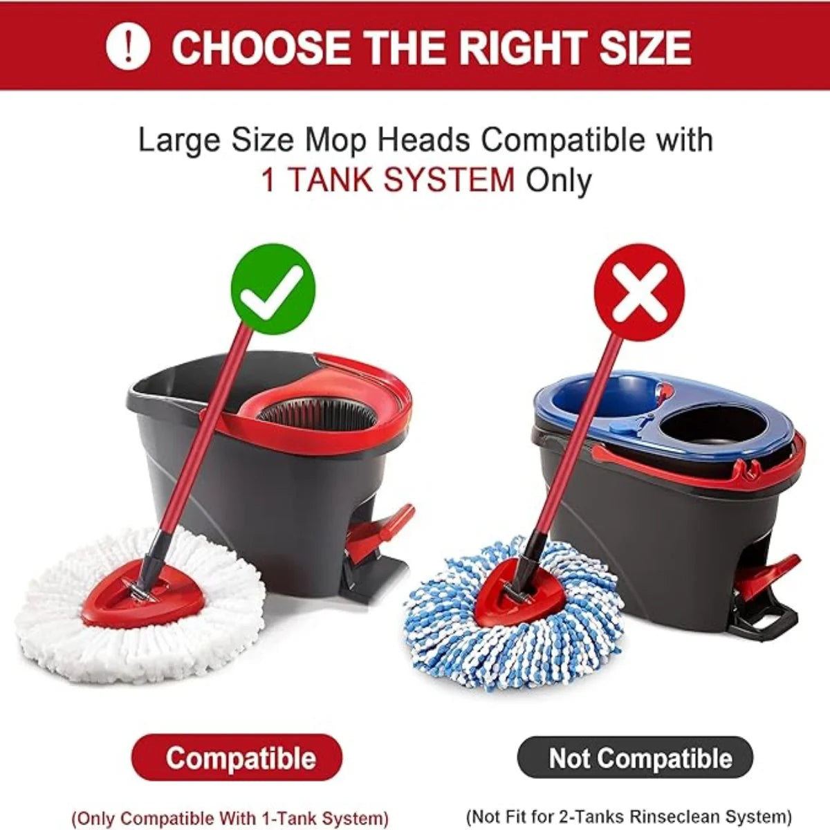 Replacement mop heads for O-Cedar and Vileda systems showing compatible and non-compatible options