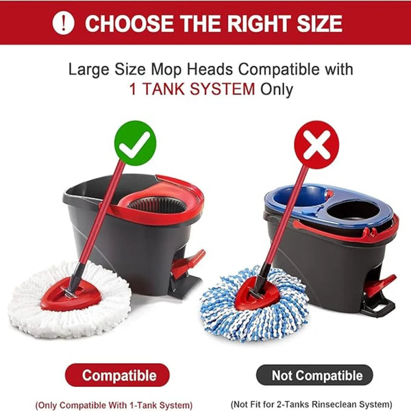 Replacement mop heads for O-Cedar and Vileda systems showing compatible and non-compatible options