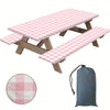 A pink and white checkered plaid table set consisting of a rectangular table and two matching benches for outdoor use.