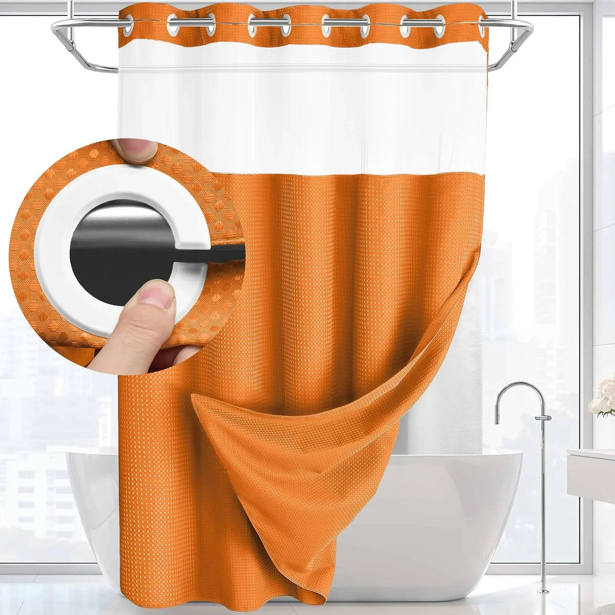 Orange, doppelschichtige Waffel-Duschvorhang, aufgehängt an einer Leine mit Ring.
