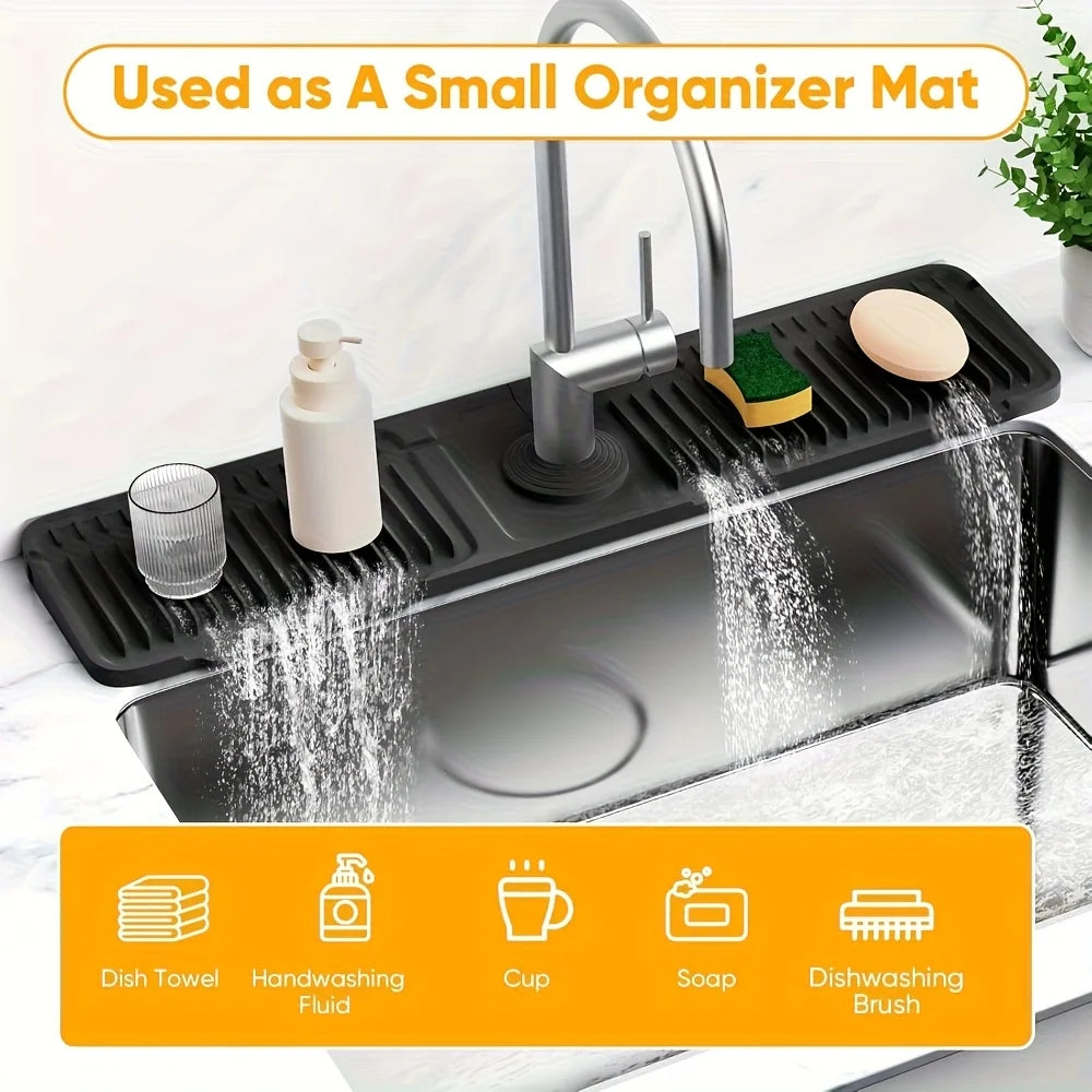 A silicone kitchen sink splash guard is shown protecting a faucet and sink area, with various cleaning items nearby.
