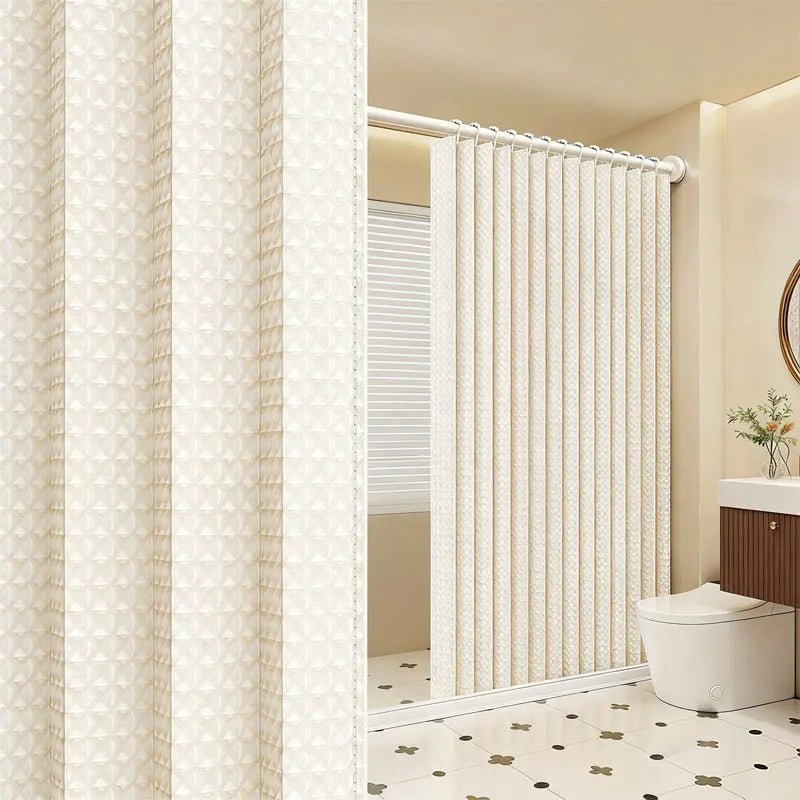 A white no-drill magnetic shower curtain with a waffle texture hanging in a bathroom.