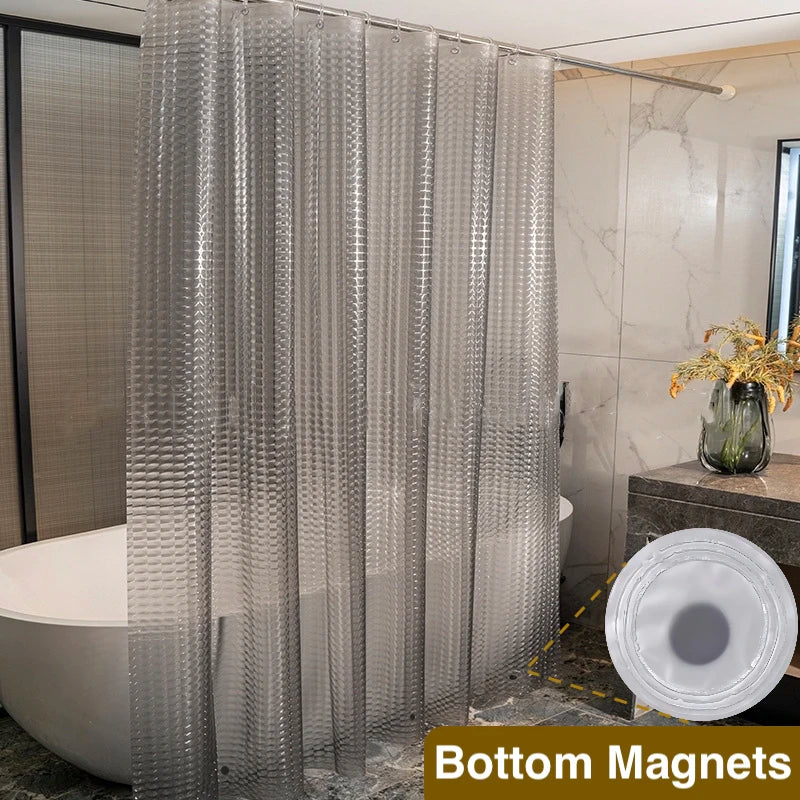 Close-up of a clear waterproof PEVA shower curtain liner with weighted magnets installed on a shower rod.