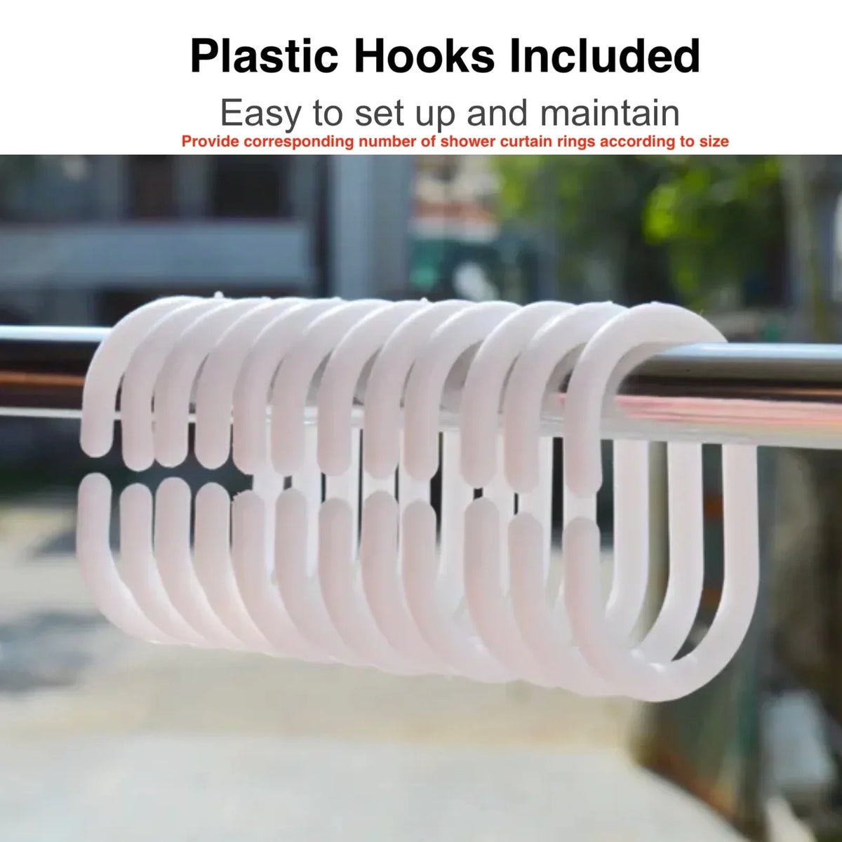 Anneaux et crochets en plastique blanc pour rideaux de douche, facilitant l'installation et l'entretien