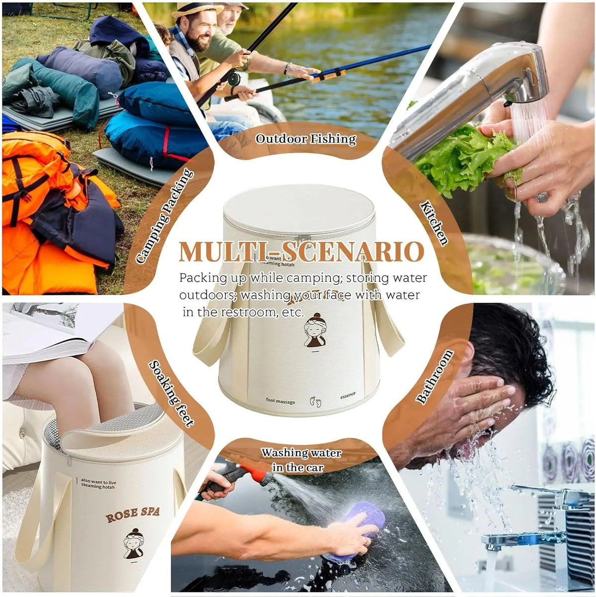 A foldable aluminum foot bath bucket is shown in various outdoor and household contexts.