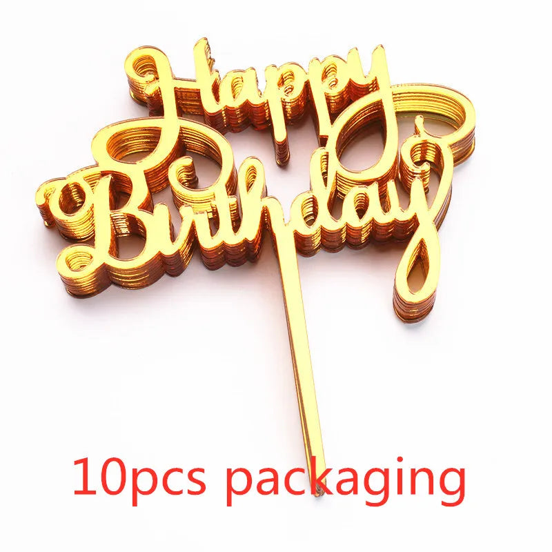 Gold acrylic birthday cake toppers in a festive script font packaged in 10 pieces