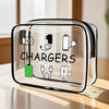 A clear plastic portable charger organizer pouch with icons for various charging devices.