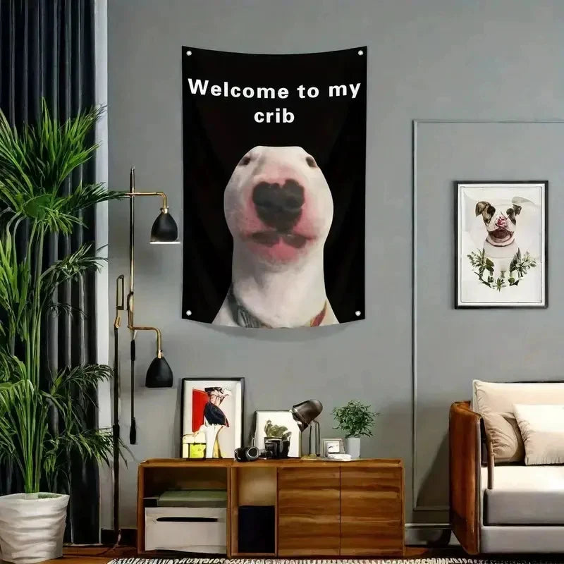 A black tapestry featuring a funny bull terrier meme face on a gray wall.