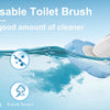 A disposable toilet brush with a holder is shown cleaning water, demonstrating efficient cleaning and a fresh smell.