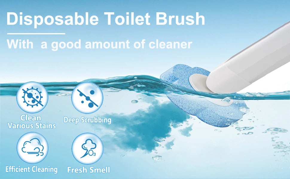 A disposable toilet brush with a holder is shown cleaning water, demonstrating efficient cleaning and a fresh smell.