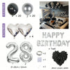 Bulk set of silver and black balloons including round, heart, and number letter balloons for parties