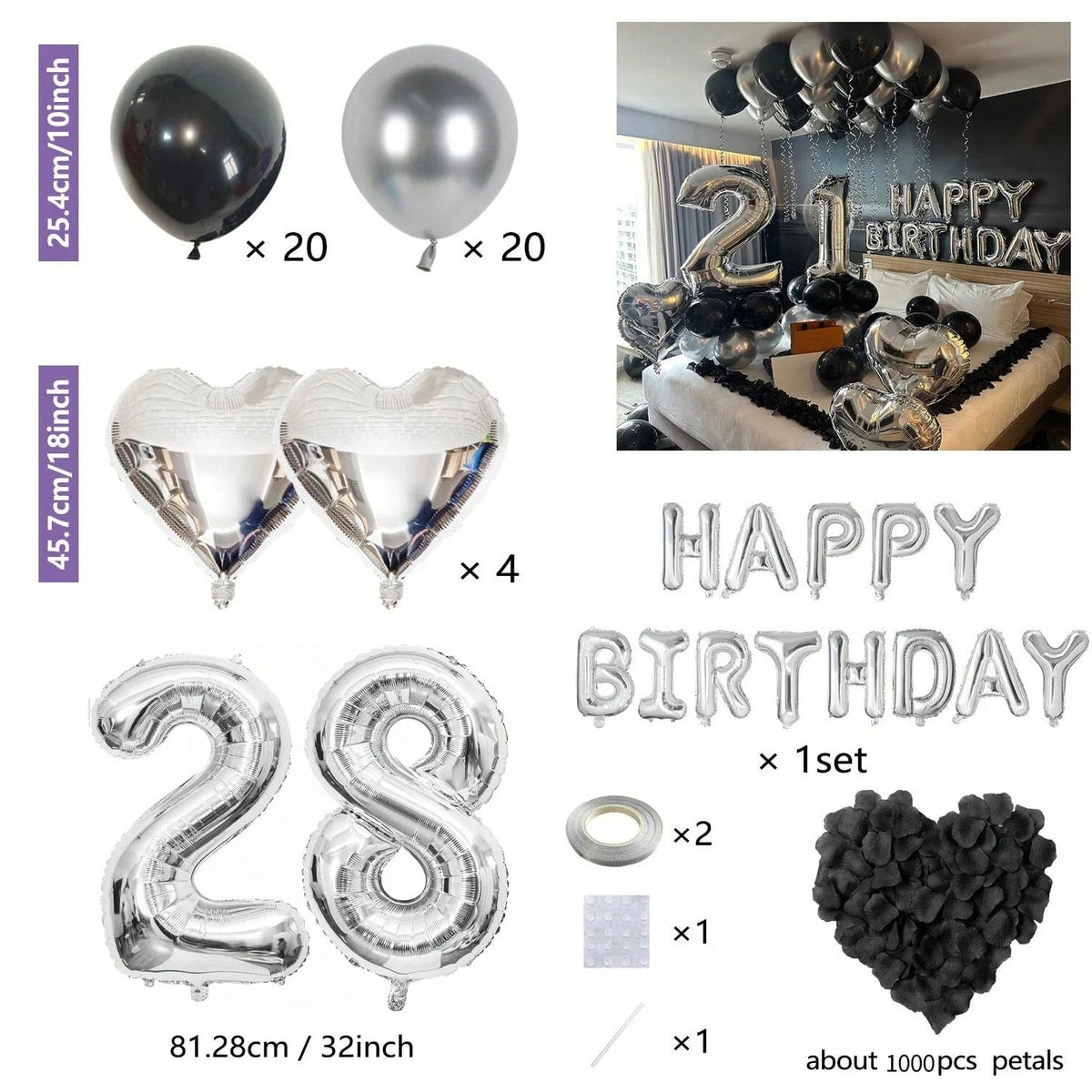 Bulk set of silver and black balloons including round, heart, and number letter balloons for parties