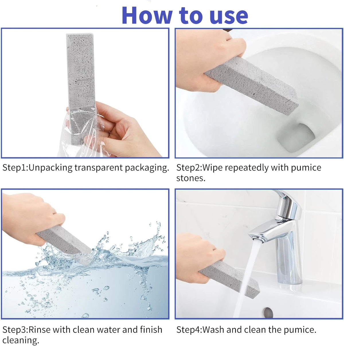 Instructions showing how to use pumice stone cleaning sticks for stain removal on surfaces.