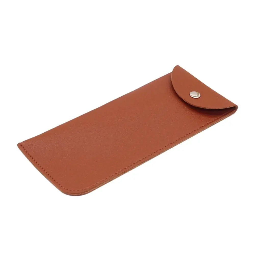 A brown PU leather eyewear case or glasses bag with a flap closure.