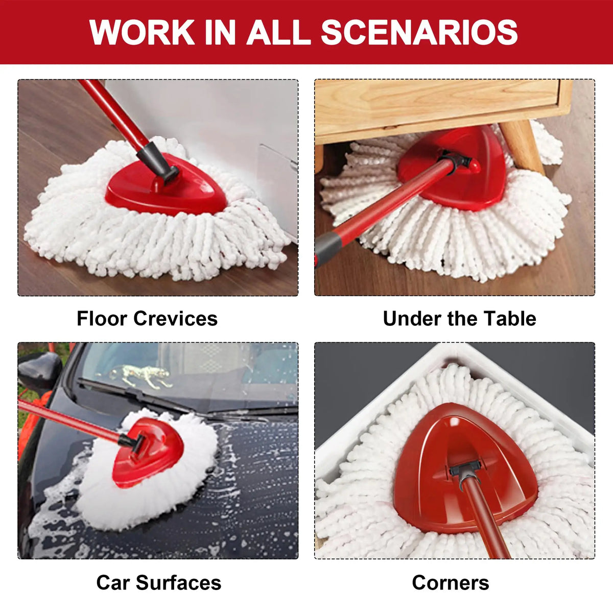 Red microfiber mop heads used for cleaning floor crevices, under tables, car surfaces, and corners.