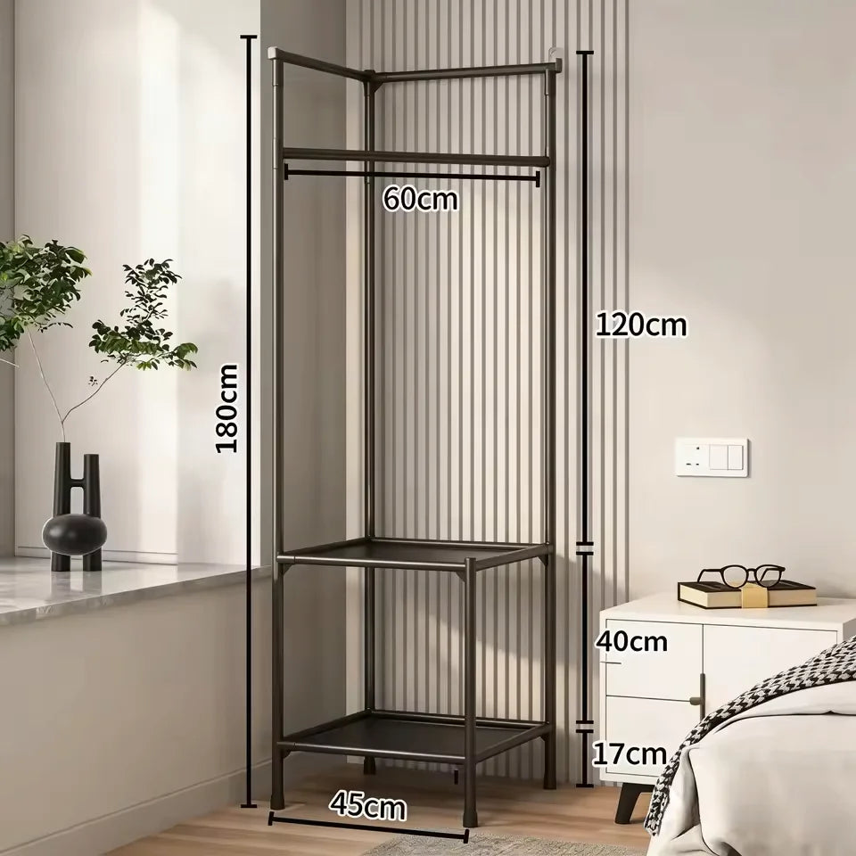 A tall, multi-layer metal coat rack with adjustable height markings and a dark finish displayed in a modern interior.
