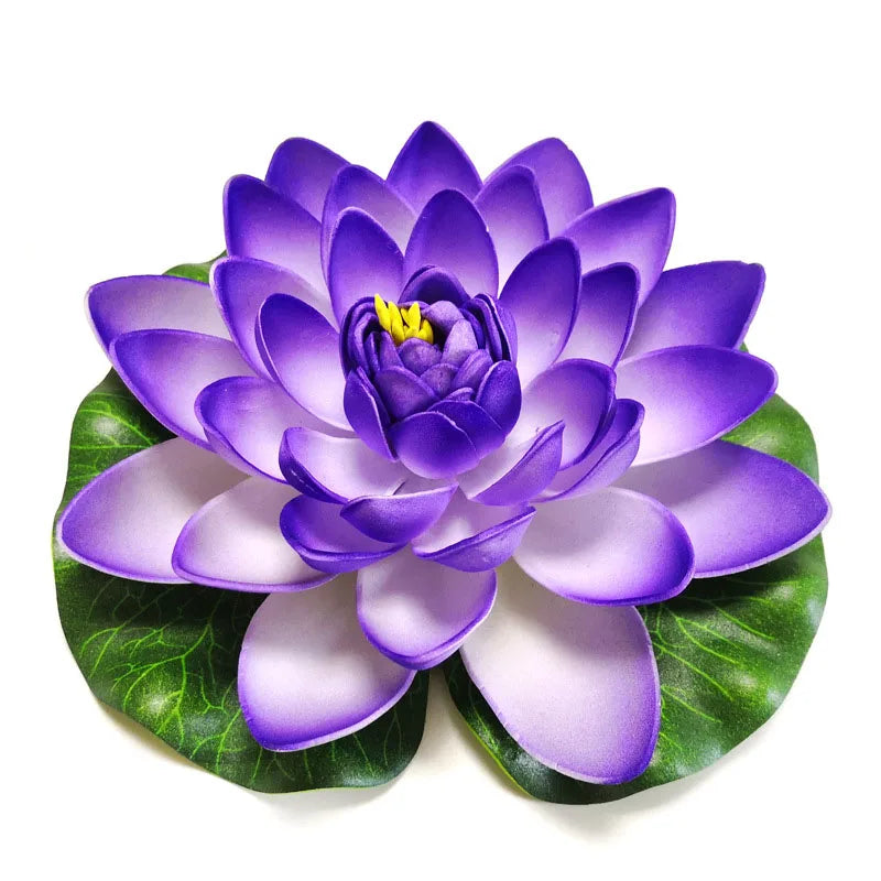 A vibrant purple artificial lotus flower with green leaves.