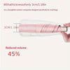A pink compact folding UV protection umbrella is shown with its thickness measured.