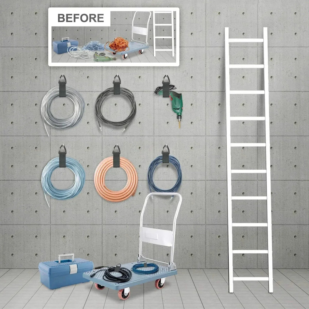 A set of heavy-duty nylon cord and hose organizer straps displayed on a gray wall next to a ladder.