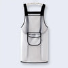 A white waterproof transparent kitchen apron with black trim and a pocket.