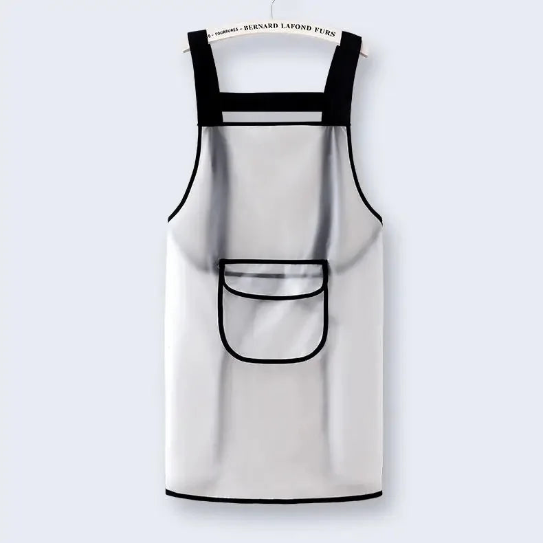 A white waterproof transparent kitchen apron with black trim and a pocket.
