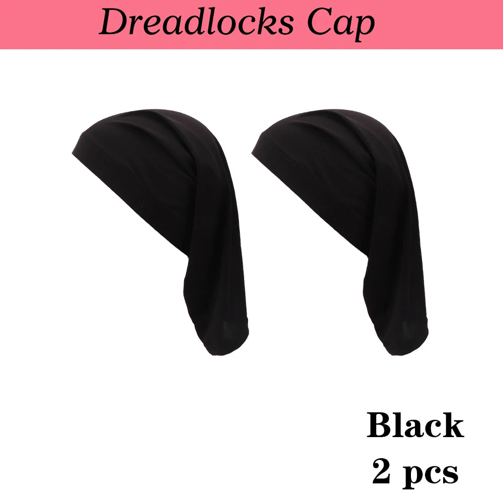 A pair of black dreadlocks caps for hair protection.